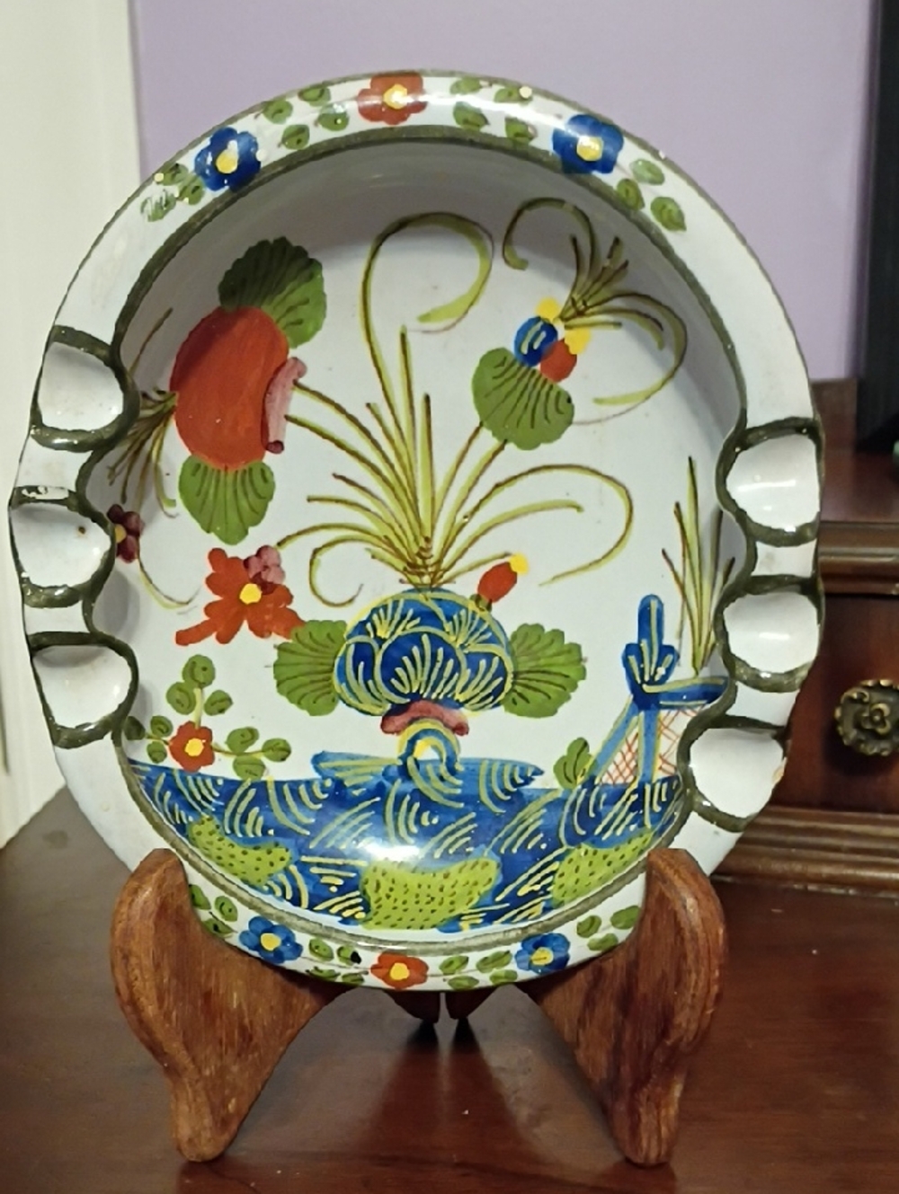 Hand-Painted Floral Ceramic Ashtray - White, Blue & Green Made In Italy